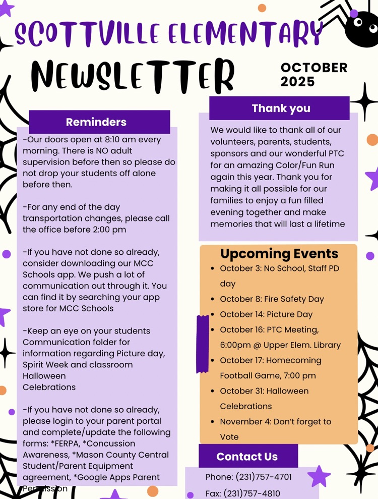 MCC schools Scottville elementary October news letter 