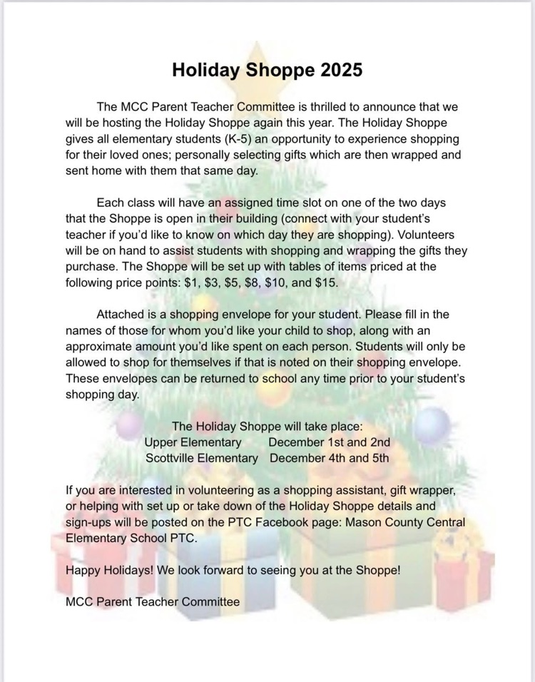 MCC schools Scottville elementary PTC Christmas shoppe