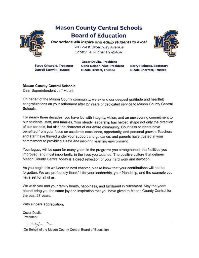 MCC Schools Letter of appreciation for Jeff Mount