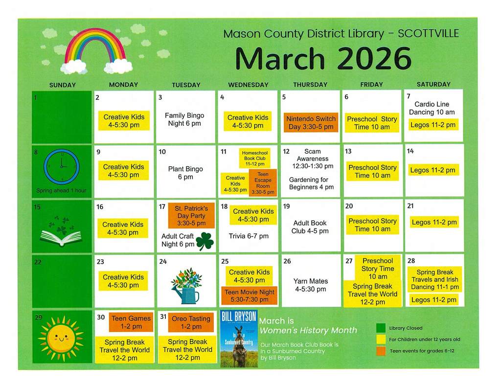 March calendar for Scottville Library