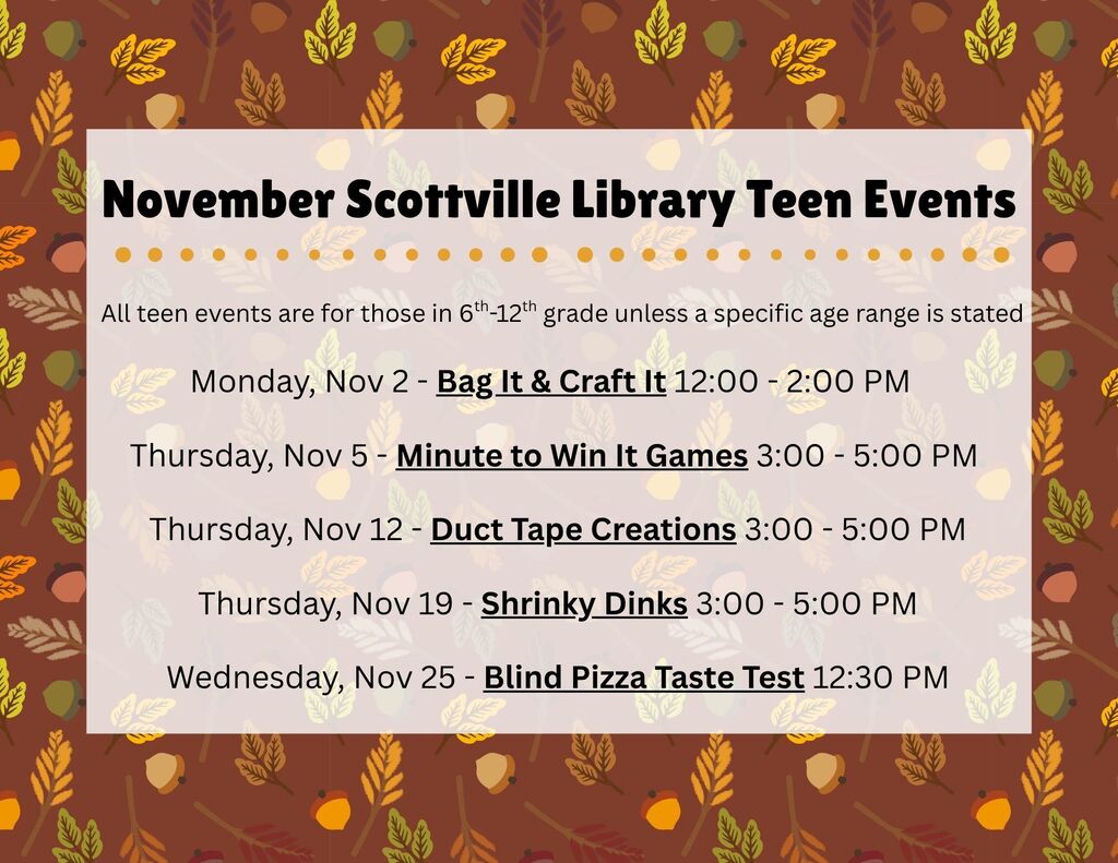 November Teen Calendar at Scottville Library