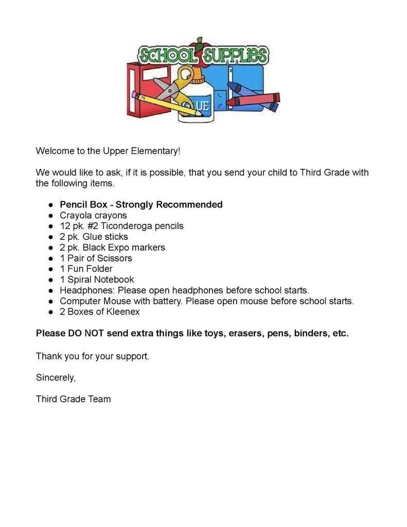 3rd Grade Supply List