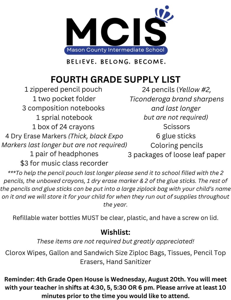 MCIS 4th Grade Supply List