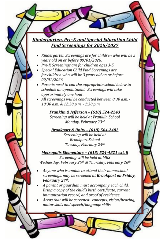 Kindergarten, Pre-K and Special Education Child Find Screening Information for 2026/2027