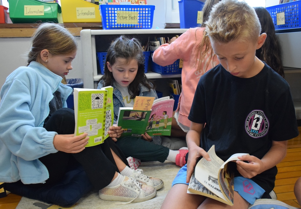 Ms. Yablansky's class in reading workshop  using their laminated bookmarks created by their parents