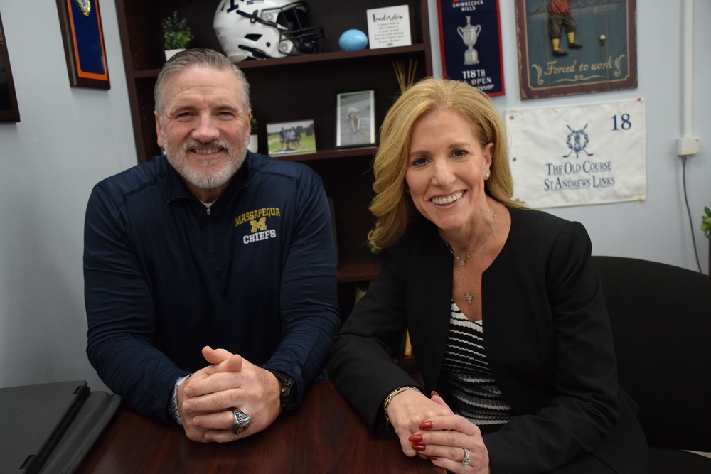 Matt McLees Interim District Director of Health, Physical Education, Athletics & Recreation with Fran Mauceri, recipient of the  athletic assistant , Todd Heimer Award