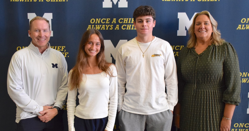 MHS seniors Sophia Bolognini and John Neary, recipients of the Outstanding Physical Education Student Award, pictured with Principal Barbara Lowell and Brian Rath, High School Phys Ed Chairperson
