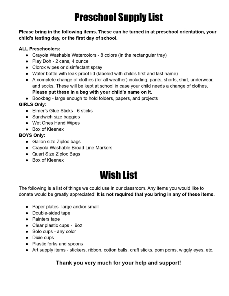 Supply Lists for the 2026-2027 School Year