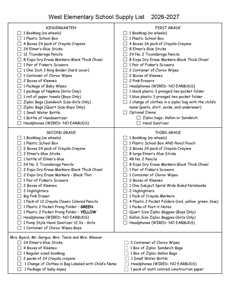 Supply Lists for the 2026-2027 School Year