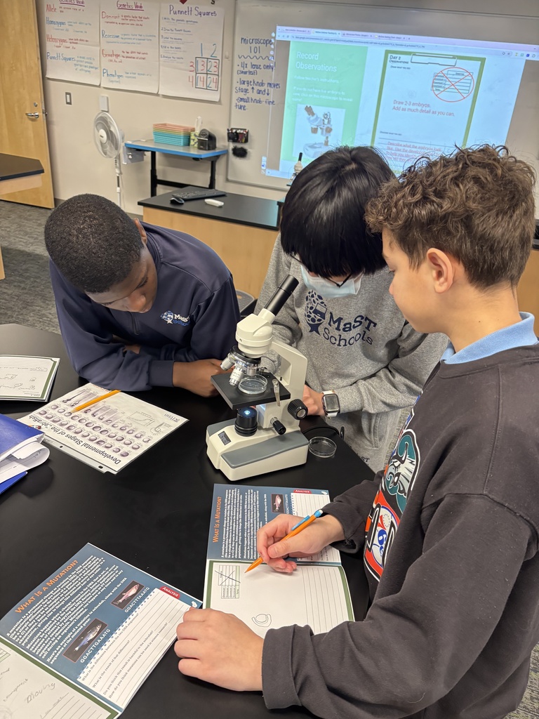 Our 7th graders explored science up close through the BioEyes Program! Students used microscopes to observe zebrafish growth, watched larvae hatch, and learned how genetics influence traits. We are thankful to the BioEyes team from the University of Pennsylvania for this hands-on learning experience at MaST Schools.