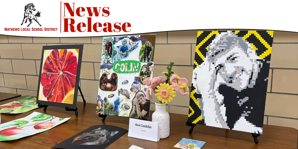 Students and guests view a variety of paintings, drawings, sculptures, and mixed media projects displayed during the annual Mathews High School Art Show.