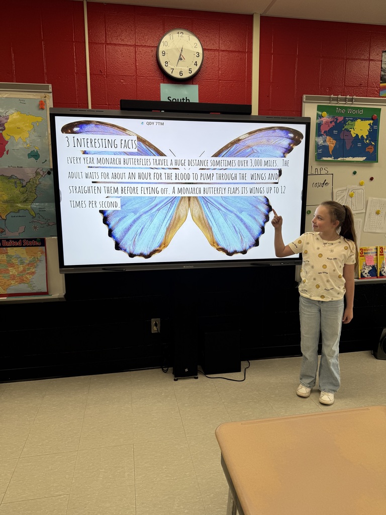 Elementary students presenting a slideshow about insect life cycles