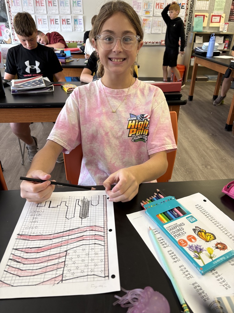 ixth- and seventh-grade students in Mrs. Konerth's math classes display math-based artwork created through order of operations pixel art and coordinate plane activities honoring Patriots' Day.