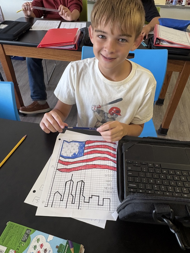 ixth- and seventh-grade students in Mrs. Konerth's math classes display math-based artwork created through order of operations pixel art and coordinate plane activities honoring Patriots' Day.
