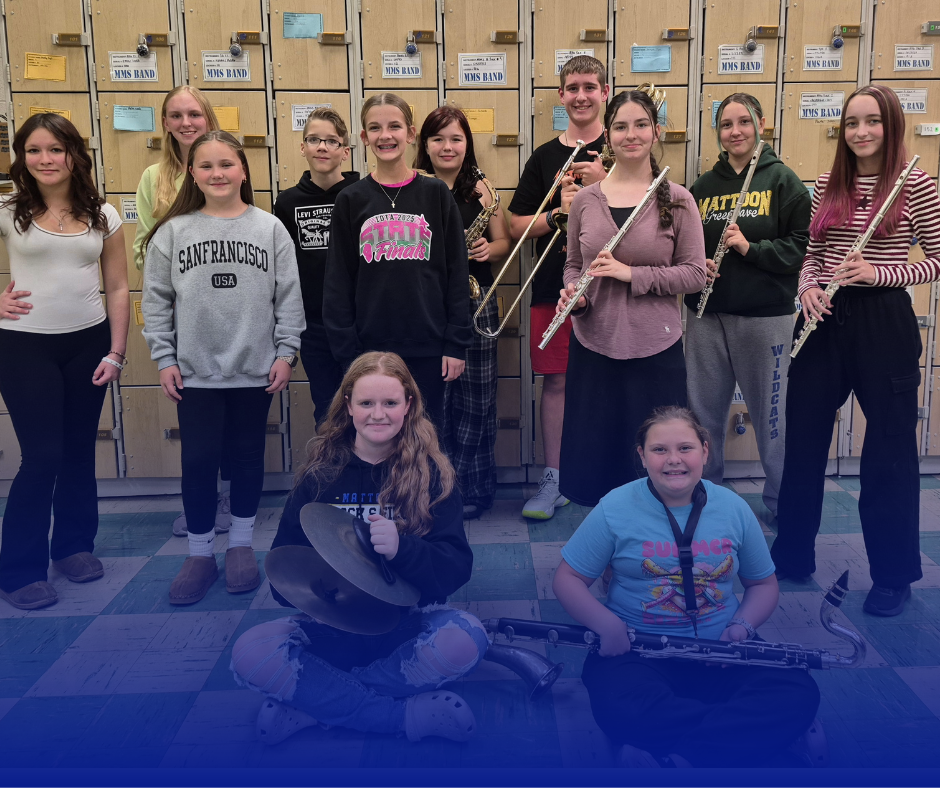 12 students pictured chosen to perform at the ILMEA honor band and choir performance from MMS. Band students are holding instruments