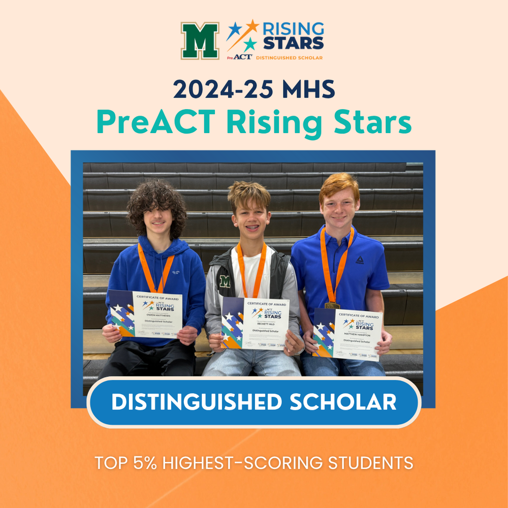 Orange, blue, green, and black graphic with a MCUSD2 logo and a ACT Rising Stars logo. Photo includes 3 MHS students holding up certificates as they sit in the bleachers. The text reads "2024-25 MHS ACT Rising Stars. Distinguished Scholar. TOP 5% HIGHEST-SCORING STUDENTS"