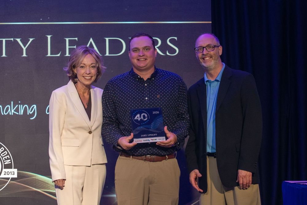 Jake Uphoff MCUSD2 board member receiving his award as a 2026 20 Under 40 reciepient