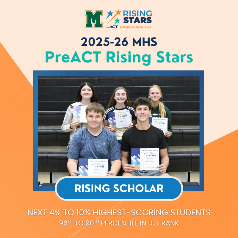 Branded mcusd2 graphic with logo and act rising stars logo. Picture with students who received rising scholar award