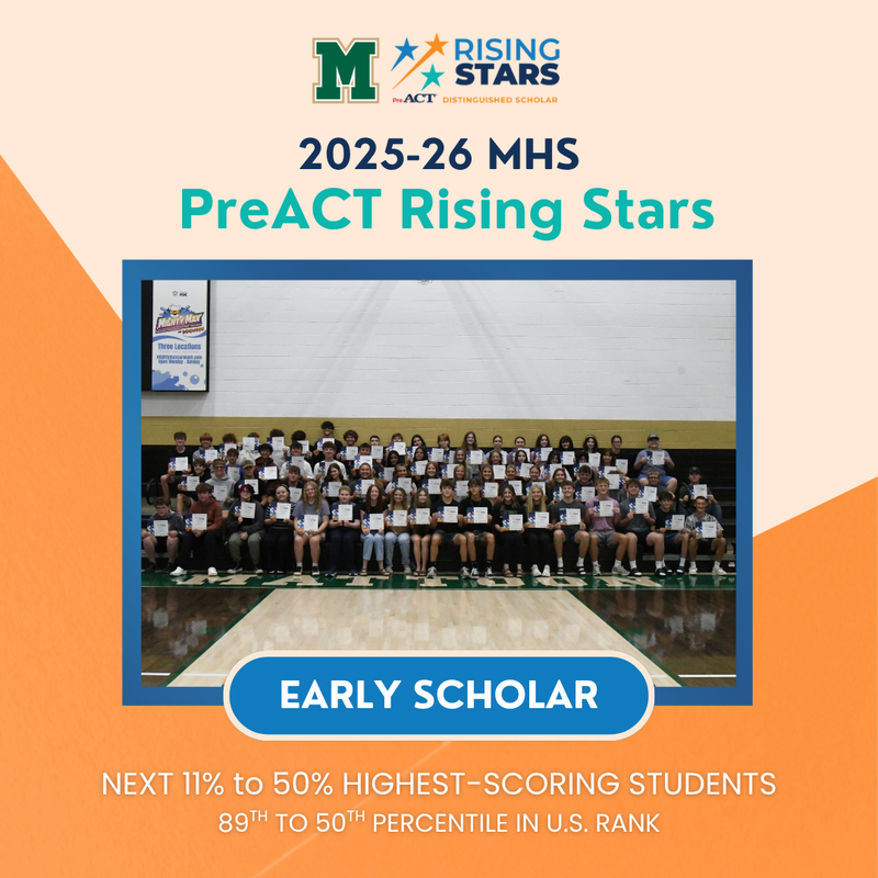 Branded mcusd2 graphic with logo and act rising stars logo. Picture with students who received early scholar award