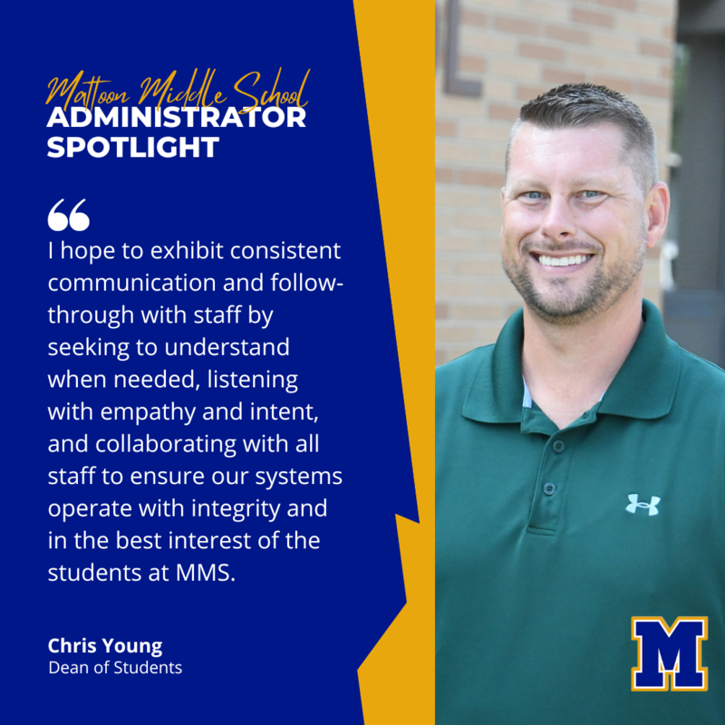 Graphic and photo of new MMS Dean of Students Chris Young