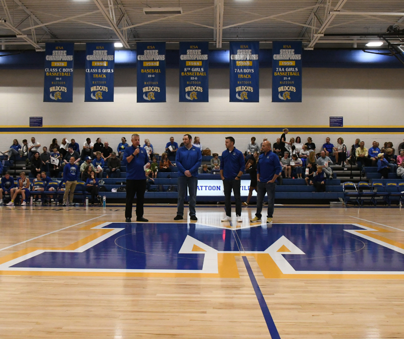 Photo of the Gym Opening Celebration at the MMS Edward Jones Court. Photo shows Superintendent and Director of Grounds and Maintenance with the sponsors