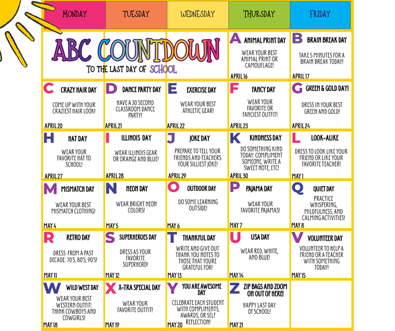 ABC Countdown to the Last Day of School calendar. Bright colors, each date has a different theme for the day