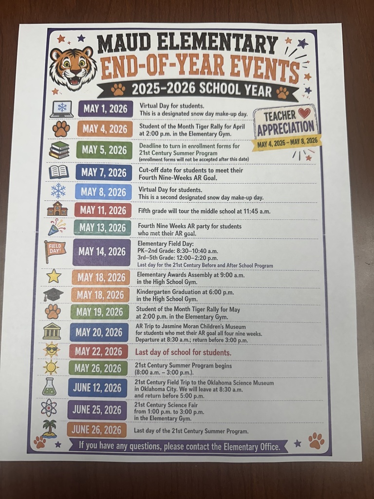 Maud Elementary End of Year Events 2025-2026