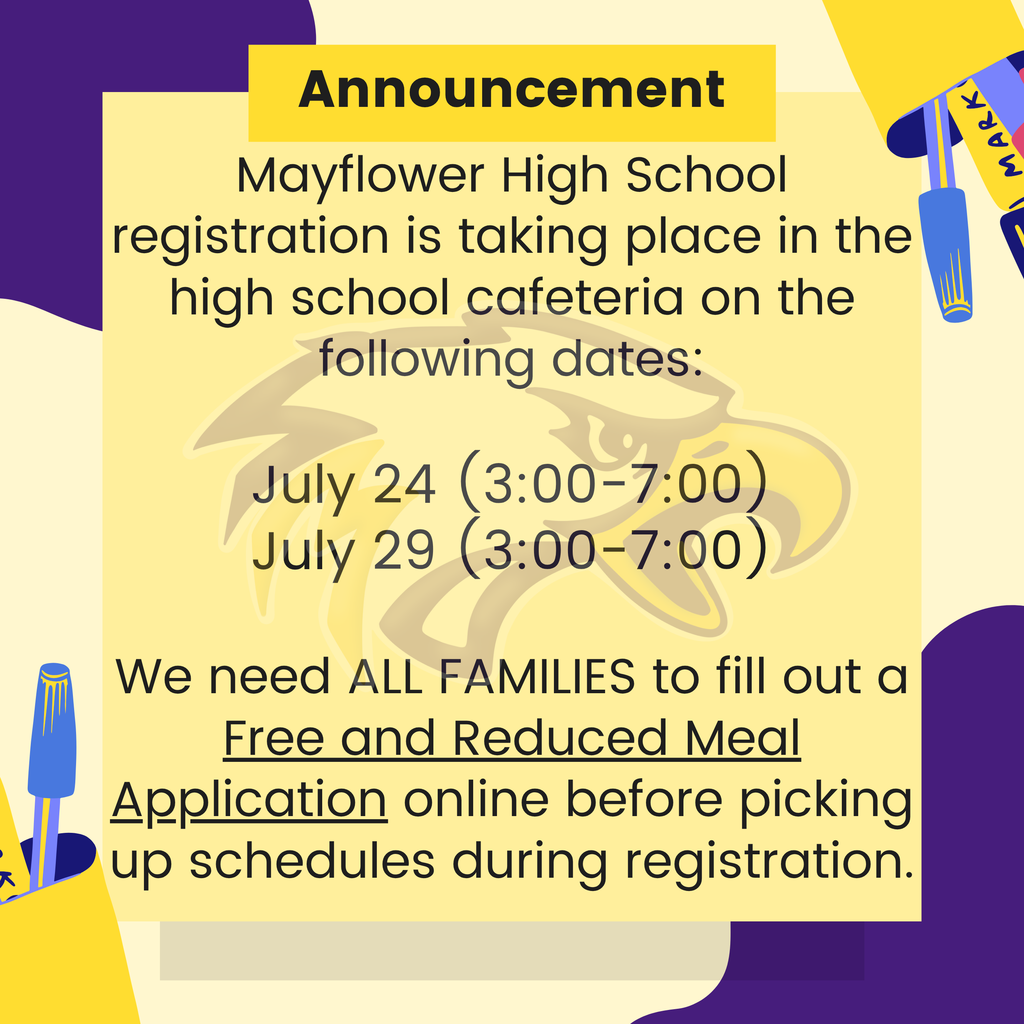 The flyer advertises two different Mayflower High School registration events taking place in the school cafeteria.