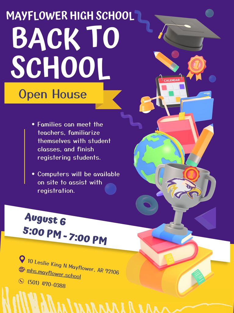 The image details upcoming high school registration days at Mayflower High School for the 2026-2027 school year.