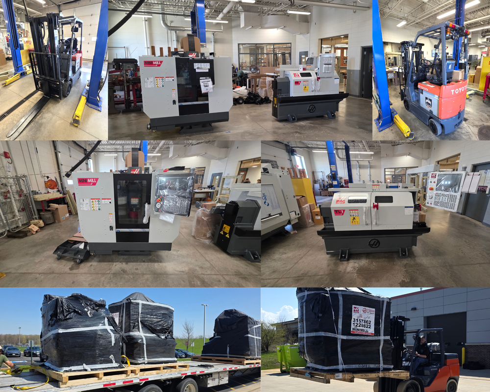 Photo collage featuring photos of technical education equipment on trailer truck bed, being loaded on forklift, and assembled in the classroom inculding a CNC lathe and milling machine and a new electric forklift and charger