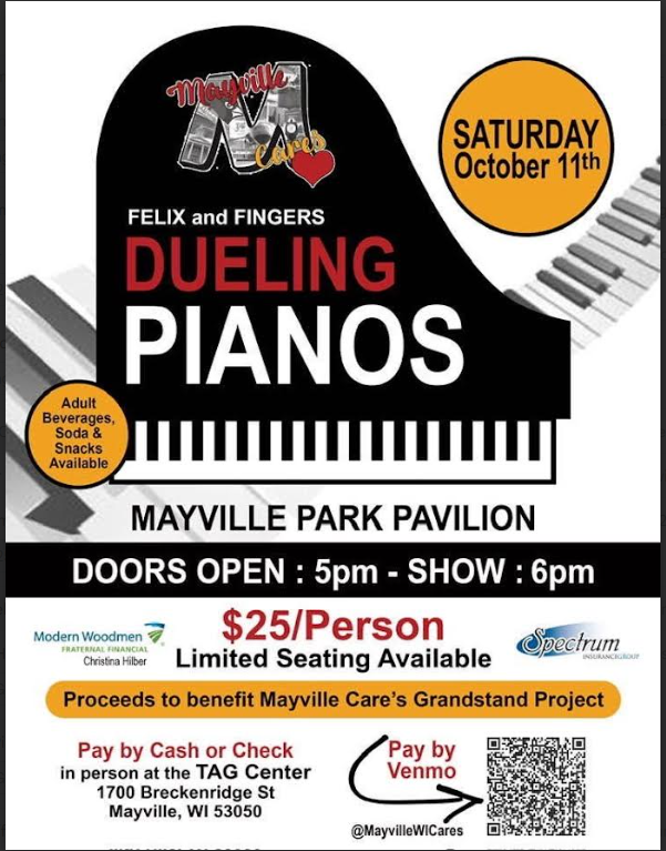 Mayville Cares hosts Dueling Pianos on 10/11/25 - all proceeds go to the Grandstand Project