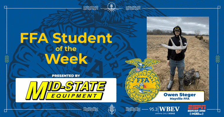 Owen Steger is this week's FFA Member of The Week! Owen has a 20-second promo highlighting his achievements and future plans on 95.3 WBEV throughout the week. Owen also has his spotlight on Daily Dodge at the link below. Congrats, Owen! #mayvillecardinals #mayvilleschools #cardinalpride #mayvillewiffa 