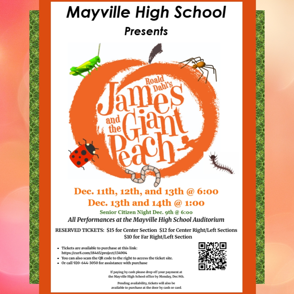 Join us at Mayville High School as the Mayville Players present James and the Giant Peach! A fantastical tale of a boy, his insect friends and their amazing journey across the ocean on a giant piece of fruit! #mayvillehighschool #mayvilleplayers #jamesandthegiantpeach #musical2025 #bugs #pleasesupportthearts  Dec 9 at 6pm (Senior Citizen Night) Dec 11-12-13 at 6pm Dec 13-14 at 1pm  Ticket link: https://cur8.com/18465/project/134904