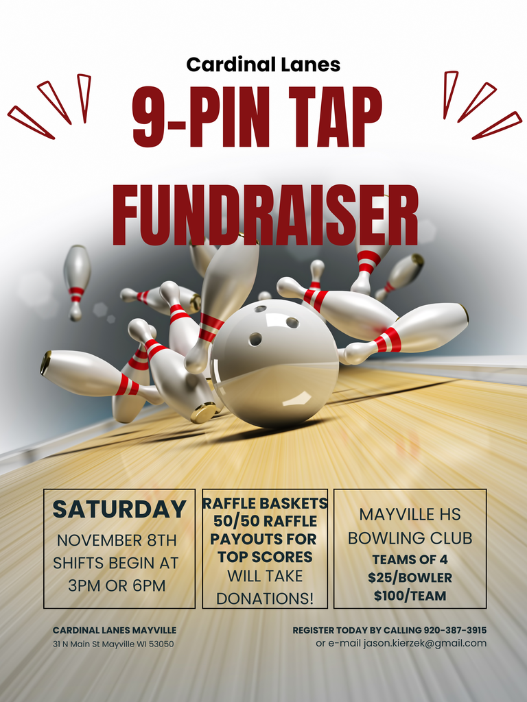9-Pin Tap Bowling Tournament Fundraiser at Cardinal Lanes in Mayville on Saturday, 11/8. Register today!