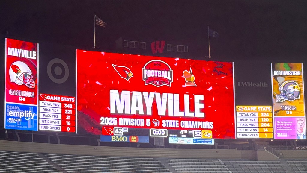 ❤🏈📣 What an amazing ride! Congratulations to our Mayville Cardinals on bringing home the gold! ❤🏈📣 WIAA Division 5 Football State Champions 2025. CARDINAL PRIDE!! #mayvillecardinals #mayvilleschools #cardinalpride 