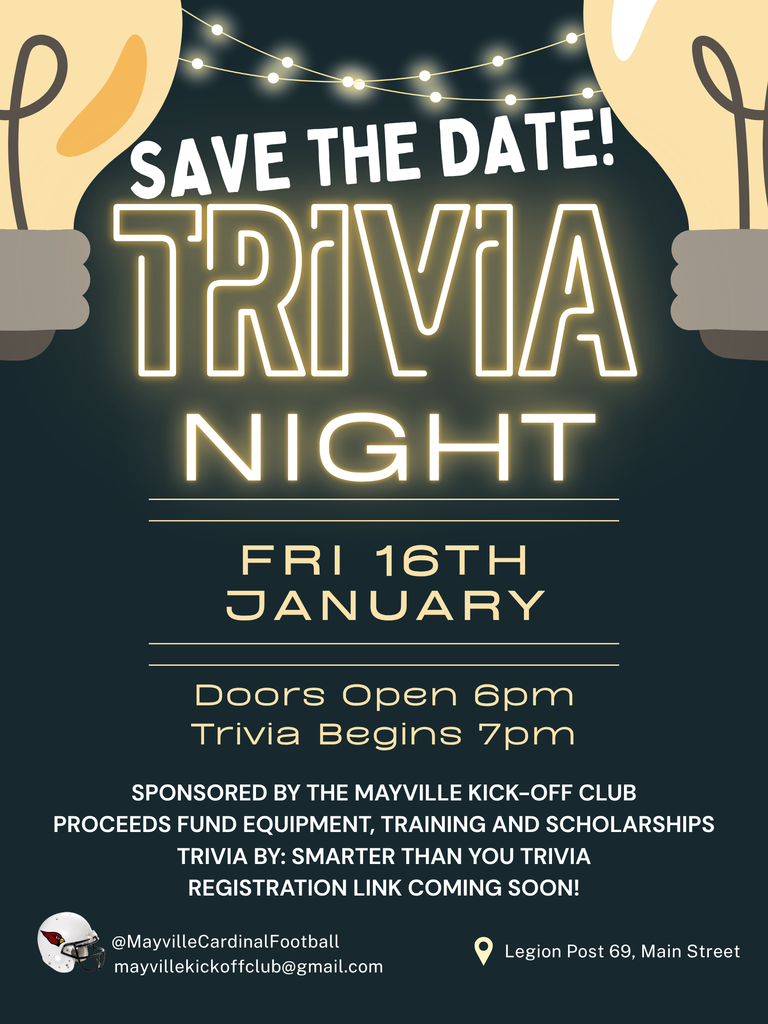 TRIVIA NIGHT! Save the Date - Friday, January 16th, 2026! Watch for registration details coming soon!! #mayvillecardinals #mayvilleschools #cardinalpride
