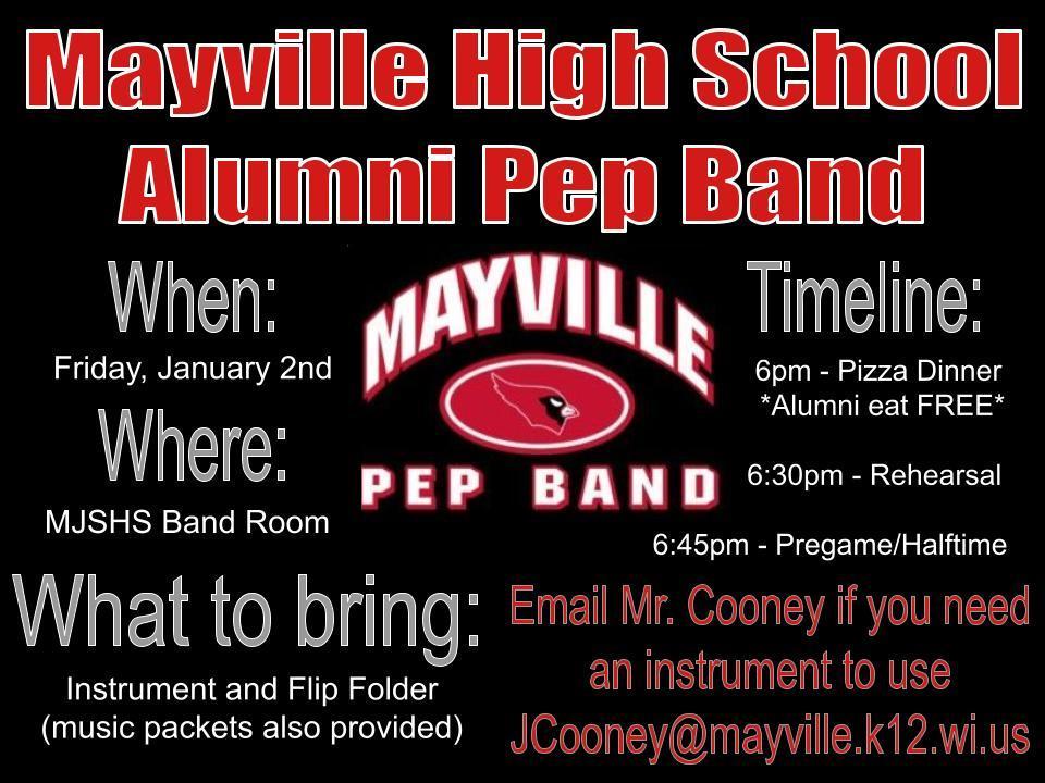 🎶🎺🎼 ALUMNI PEP BAND Save the Date! 🎶🎺🎼Friday, January 2nd, 2026, as Mayville Boys' Basketball hosts Columbus. 6pm Pizza Dinner (alumni eat FREE!), 6:30pm rehearsal, and 6:45pm pregame (band plays through halftime). JOIN US! #mayvillecardinals #mayvilleschools #cardinalpride
