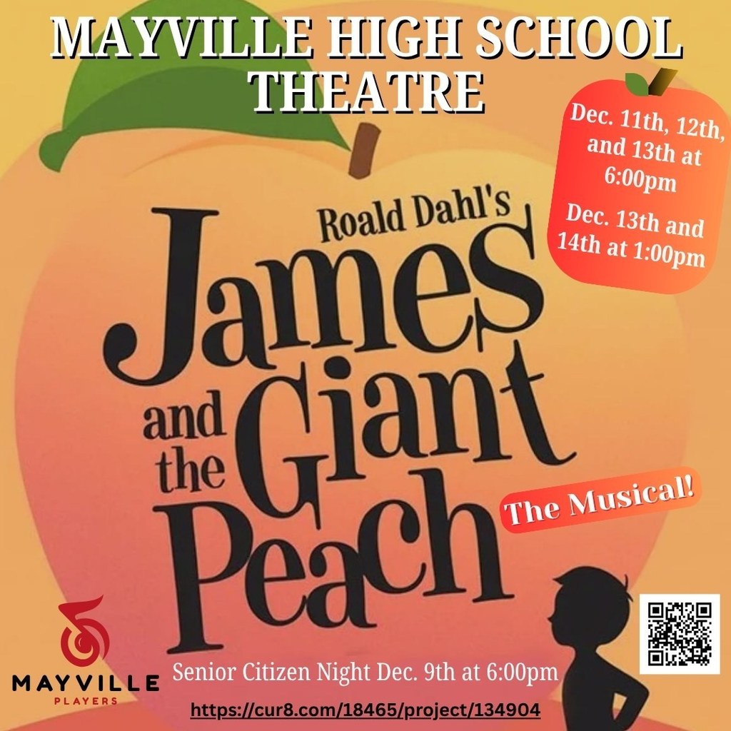 IT'S TIME!!! Join us at Mayville High School as the Mayville Players present James and the Giant Peach this weekend. A fantastical tale of a boy, his insect friends and their amazing journey across the ocean on a giant piece of fruit! #mayvillehighschool #mayvilleplayers #jamesandthegiantpeach #musical2025 #bugs #pleasesupportthearts #mayvilleschools #mayvillecardinals #cardinalpride  Dec 11-12-13 @ 6pm Dec 13-14 @ 1pm  Ticket link: https://cur8.com/18465/project/134904