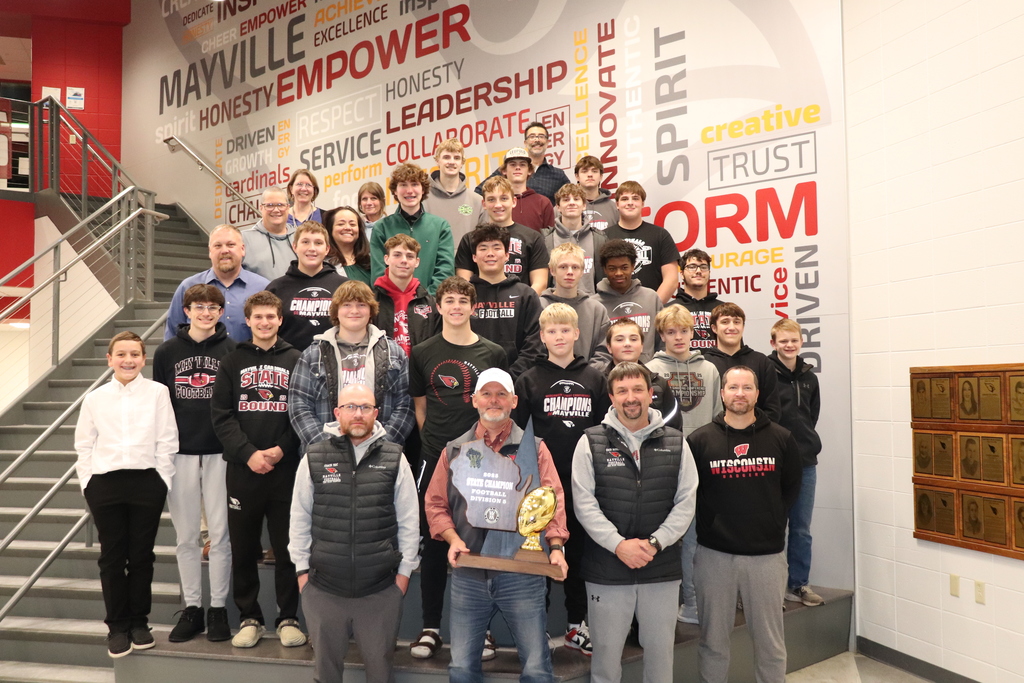 The Mayville Board of Education held a special Recognition of Champions event on Monday, 12/15/25, honoring the Mayville Football Team for their outstanding season and for bringing home the WIAA D5 gold ball. Board President Clark and Dr. Sabol read a formal resolution honoring the exceptional skill, teamwork, and determination this team has demonstrated throughout the season. Congratulations, Cardinals! You've made us proud!! #mayvillecardinals #cardinalpride #mayvilleschools