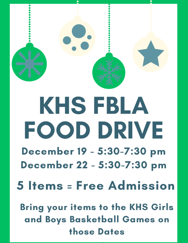 Kewaskum FBLA is hosting a food drive during the Kewaskum home games on December 19th (West Bend East Girls) and December 22nd (Mayville Boys). If you bring in five non-perishable food items, you will receive free admission to that night’s game.