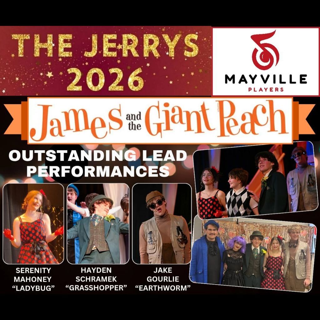 Mayville High School is proud to announce our Jerry Nominations for James and the Giant Peach! The Jerrys, one of Wisconsin’s High School Musical Awards Programs, encourages, recognizes, and honors excellence in high school musical theater. Congratulations to all of our amazing student performers, musicians, and production team members on your Jerrys nominations for 2026! We are so proud of everyone involved in the making of this show! #mayvilleplayers #mayvillehighschool #mayvillemusic #jamesandthegiantpeach #jerryawardnominees #mayvillecardinals #mayvilleschools #cardinalpride