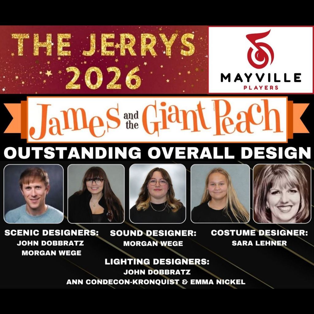 Mayville High School is proud to announce our Jerry Nominations for James and the Giant Peach! The Jerrys, one of Wisconsin’s High School Musical Awards Programs, encourages, recognizes, and honors excellence in high school musical theater. Congratulations to all of our amazing student performers, musicians, and production team members on your Jerrys nominations for 2026! We are so proud of everyone involved in the making of this show! #mayvilleplayers #mayvillehighschool #mayvillemusic #jamesandthegiantpeach #jerryawardnominees #mayvillecardinals #mayvilleschools #cardinalpride