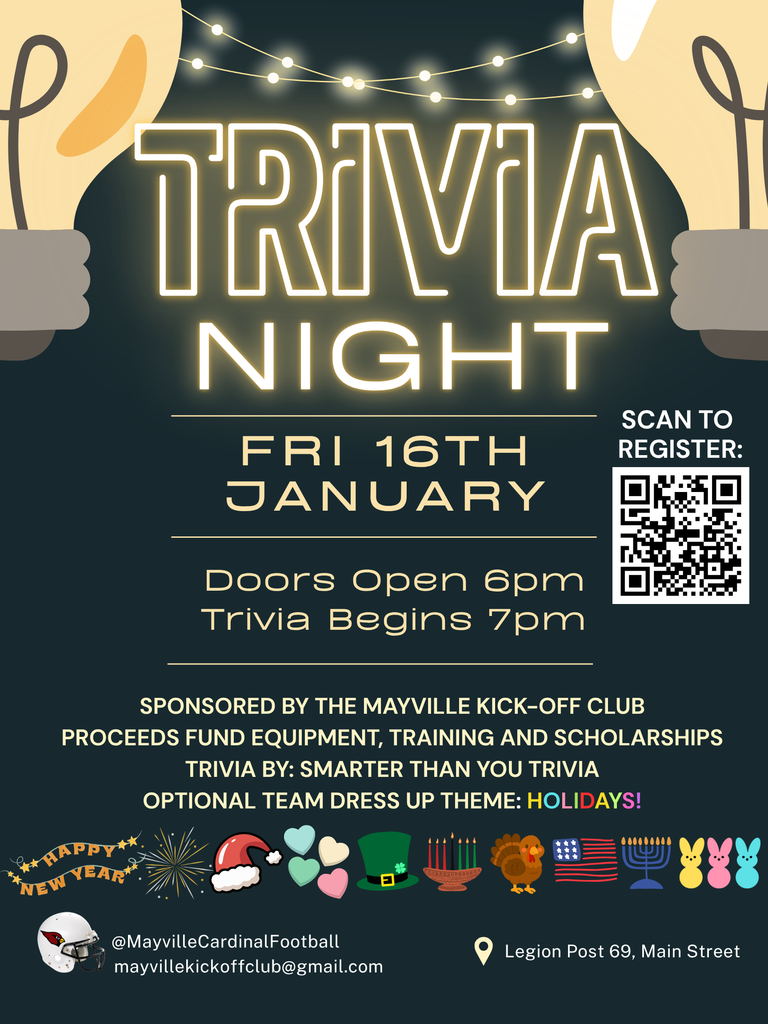 TRIVIA NIGHT is tonight! Friday, 1/16/26 at the Mayville American Legion Post #69 Mayville, WI! Not signed up with a team? No problem! Join us for some laughs and raffles!! All are welcome!! Doors open 6pm! #mayvillecardinals #cardinalpride