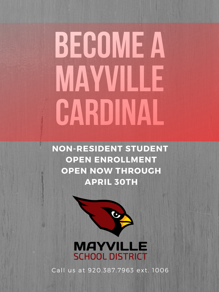 Calling all non-resident students who wish to attend Mayville School District! The open enrollment application period for the 2026-27 school year is February 2 - April 30, 2026, at 4:00pm. Visit the DPI Public School Open Enrollment webpage for more information. Currently enrolled non-resident students do not need to re-apply. #mayvillecardinals #mayvilleschools #cardinalpride https://dpi.wi.gov/open-enrollment