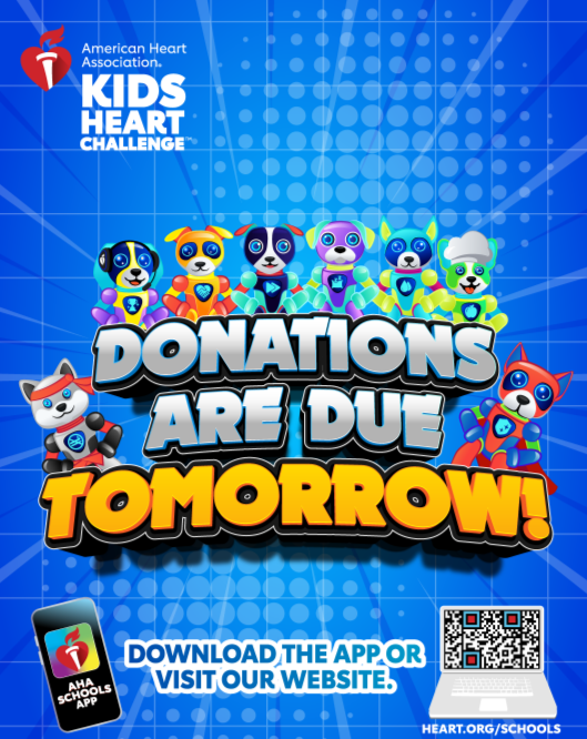 Kids Heart Challenge donations are due tomorrow! Please remember to send your students to school with their collection envelopes or make your final online donations. Make one more push for donations tonight and ask donors if their companies match donations. We’re having a blast getting healthier and helping kids with special hearts! #mayvillecardinals #mayvilleschools #cardinalpride http://www2.heart.org/site/TR?fr_id=12398&pg=company&company_id=542608