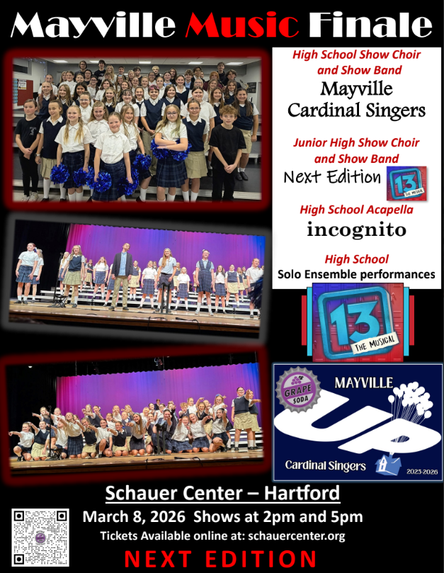 Good luck to our Next Edition Jr High Show Choir as they perform in their final competition of the season tonight (Friday, 2/13/26)! Check out the link below if you'd like to watch them perform LIVE at 7:20pm! #mayvillecardinals #mayvilleschools #cardinalpride https://youtube.com/live/5lqor2rlWpo?feature=share