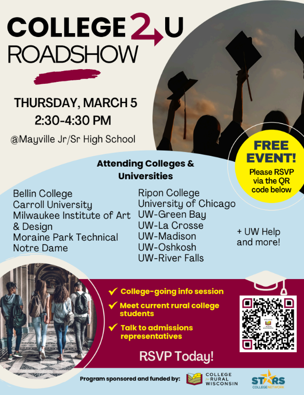 College2U Roadshow Info Sheet with QR code and attending colleges and universities