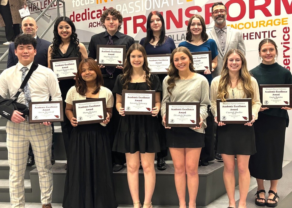 2026 MHS Flyway Academic Top 10 (group on stairs with administration)