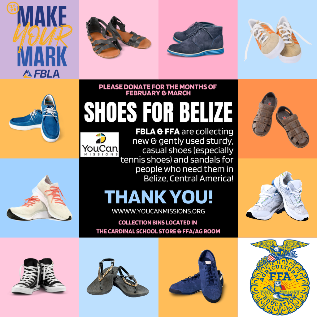 FBLA and FFA have teamed up to collect Shoes for Belize in support of You Can Missions, a nonprofit organization that helps collect and distribute new and gently used sturdy, casual shoes and sandals for people who need them in Belize, Central America! Please place your donations in the bins located in the Cardinal School Store, ag room, or outside the science department. Collection runs now through March. Consider going through your closets and helping to make a difference! #mayvillecardinals #mayvilleschools #cardinalpride #ShoesforBelize