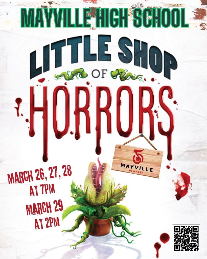 Little Shop of Horrors poster with Venus Fly Trap plant graphic, text details about the performances and a QR code to purchase tickets